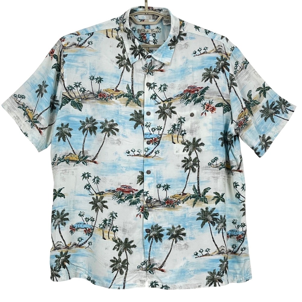Batik Bay Men Shirt XXL Blue White Rayon Tropical Palm Tree Vintage Car Hawaiian
